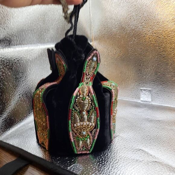 Unique Bohemian Velvet Bucket Bag with Cambodian Beadwork - Picture 5 of 6